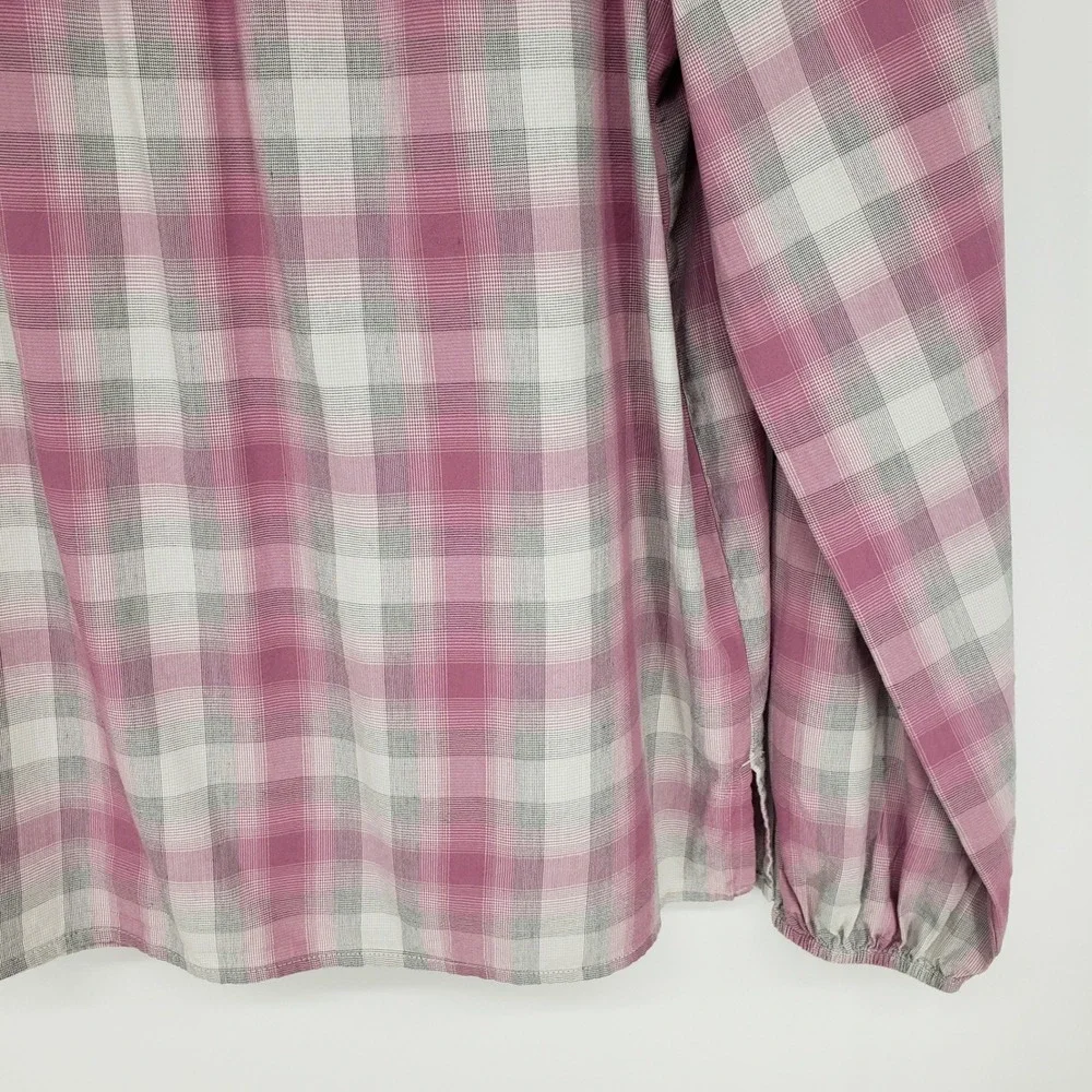 LOFT Plaid Smocked Button Down Shirt Womens Small Pink Long Sleeve Puff Shoulder